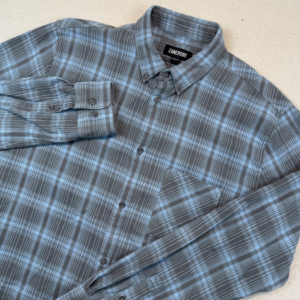 Zanerobe Large Button Down Shirt Men Blue Grey Plaid Long Sleeve Cotton